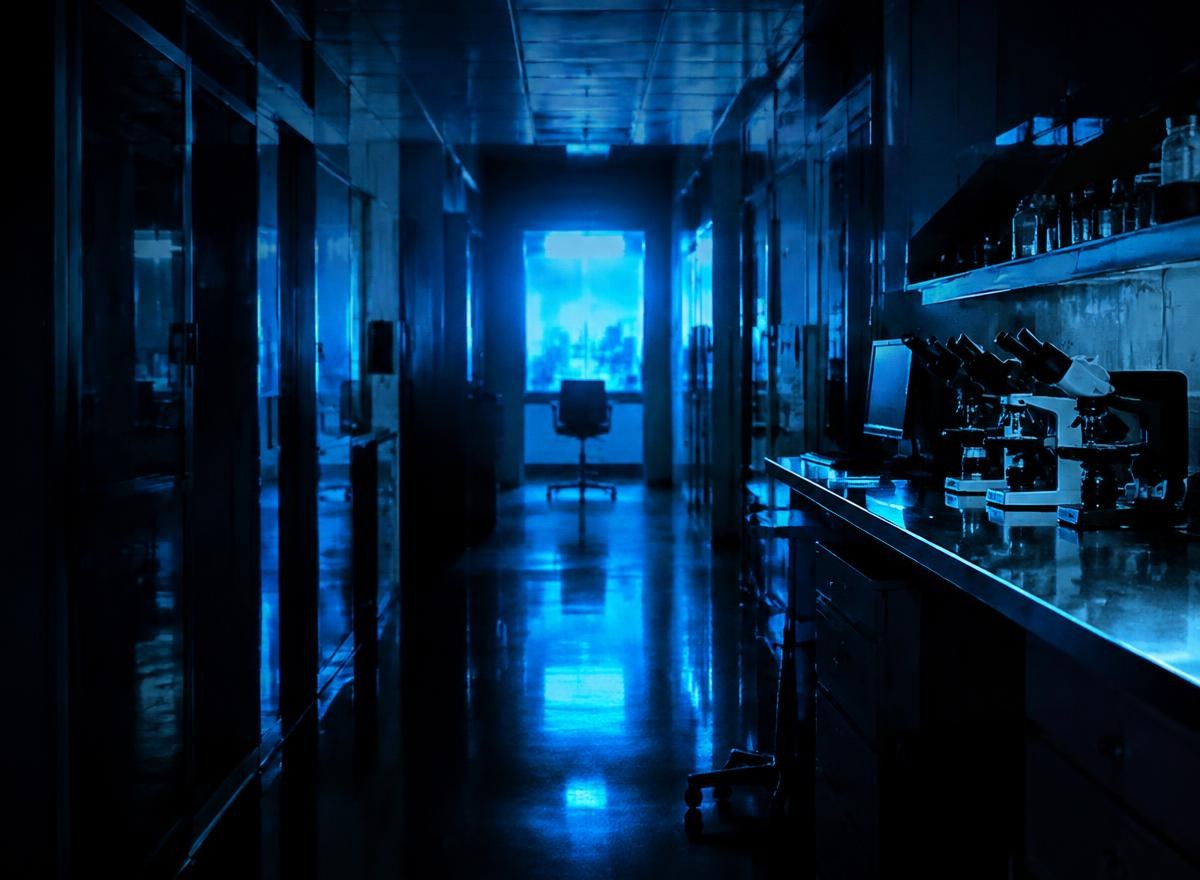 Dim research corridor lit in blue with microscopes along a bench